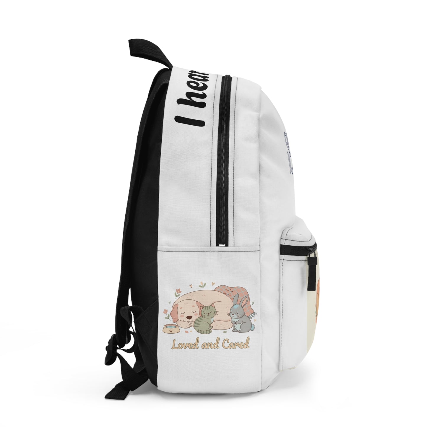 Quietly Iconic 'Loved & Cared' Cute Dog & Cat Illustration Backpack