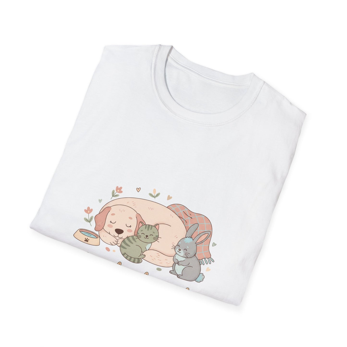T-Shirt — “Loved and Cared” Cute Sleeping Puppy, Kitten & Bunny Graphic Tee