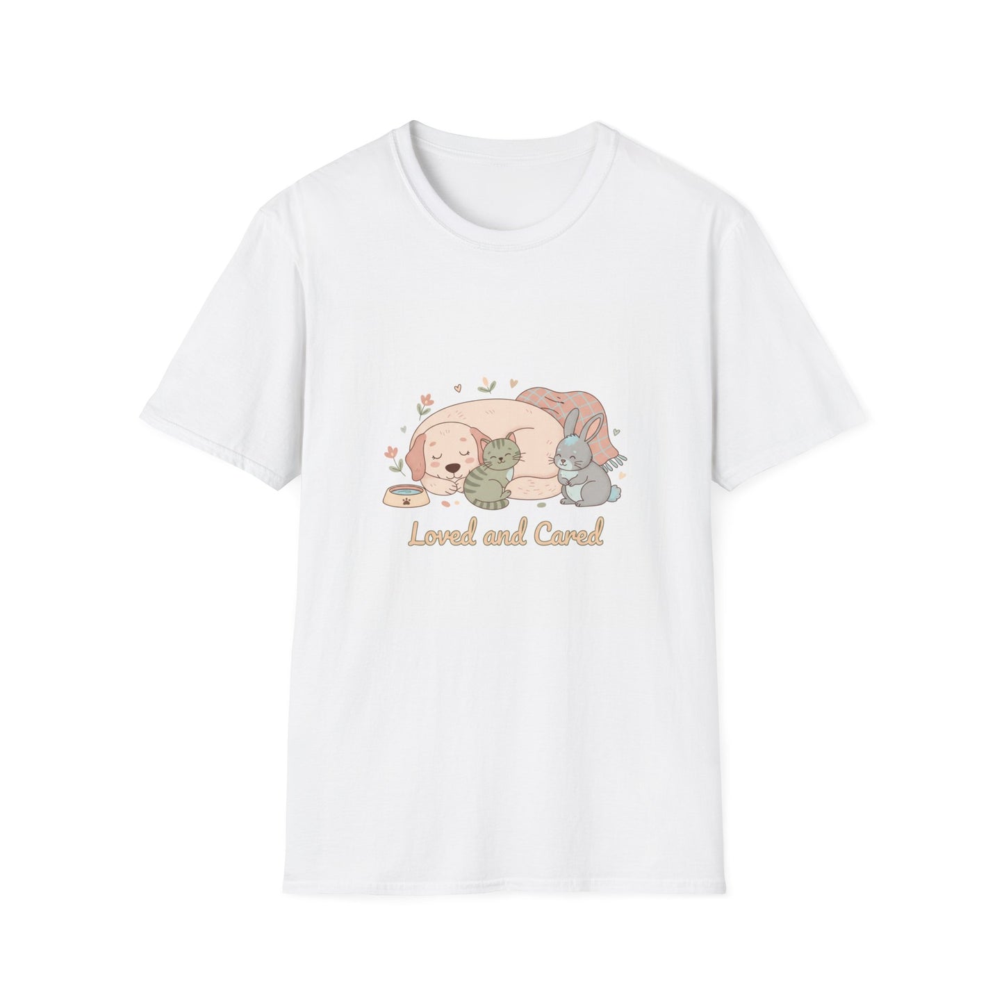 T-Shirt — “Loved and Cared” Cute Sleeping Puppy, Kitten & Bunny Graphic Tee