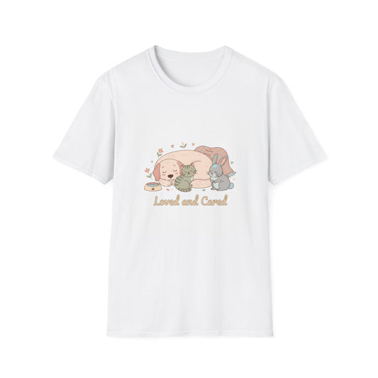 T-Shirt — “Loved and Cared” Cute Sleeping Puppy, Kitten & Bunny Graphic Tee