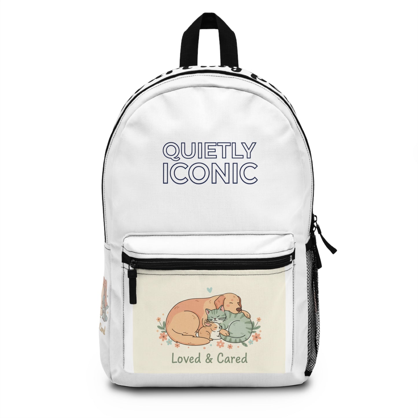 Quietly Iconic 'Loved & Cared' Cute Dog & Cat Illustration Backpack