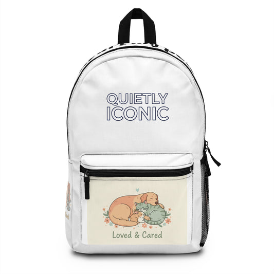 Quietly Iconic 'Loved & Cared' Cute Dog & Cat Illustration Backpack